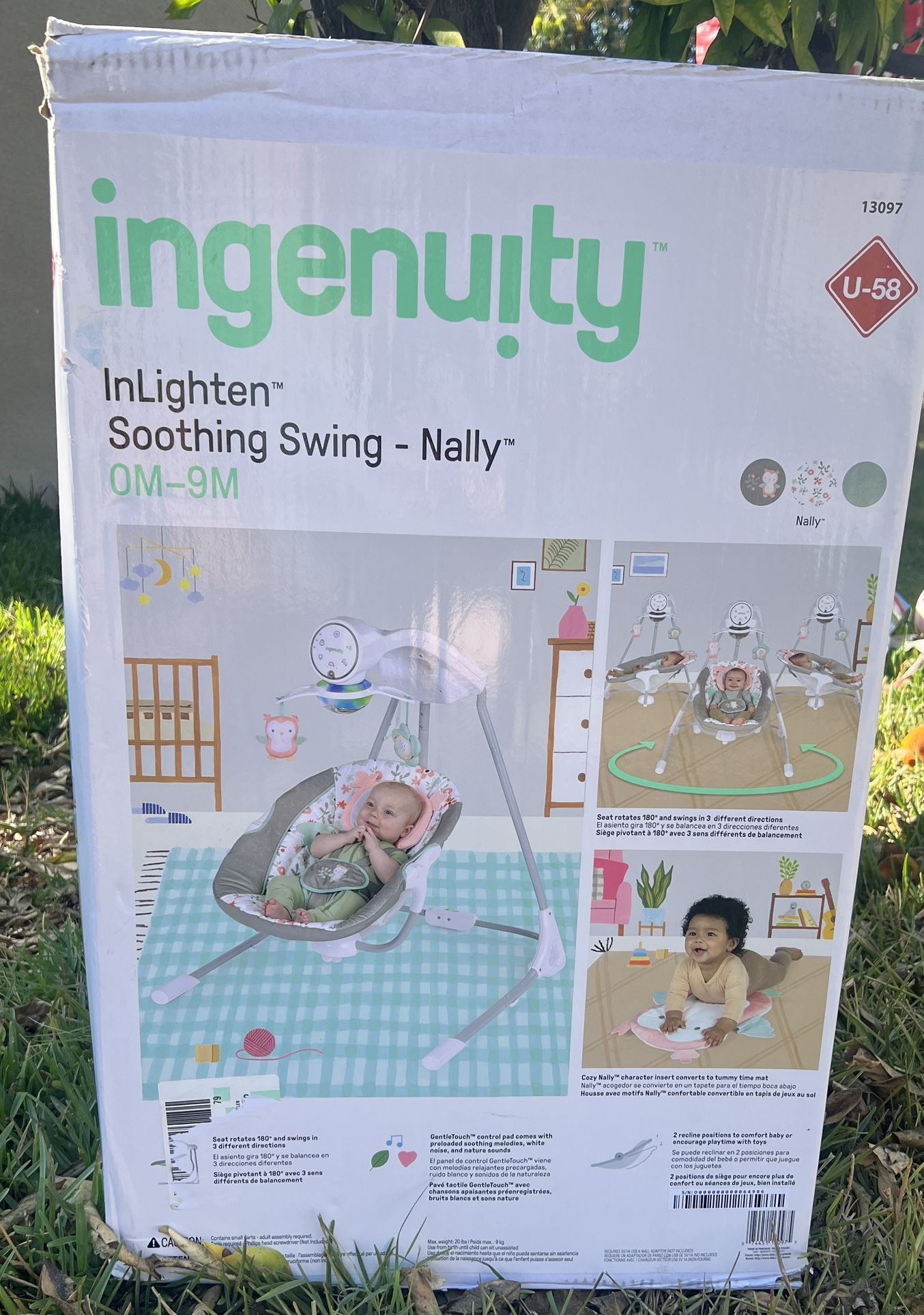 Ingenuity InLighten Baby Swing,  5-Speed, Swivel Infant Seat, Nature Sounds, Lights - Pink, Nally