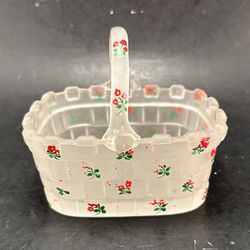 Miniature Frosted Glass Basket With Handpainted Red Flowers 