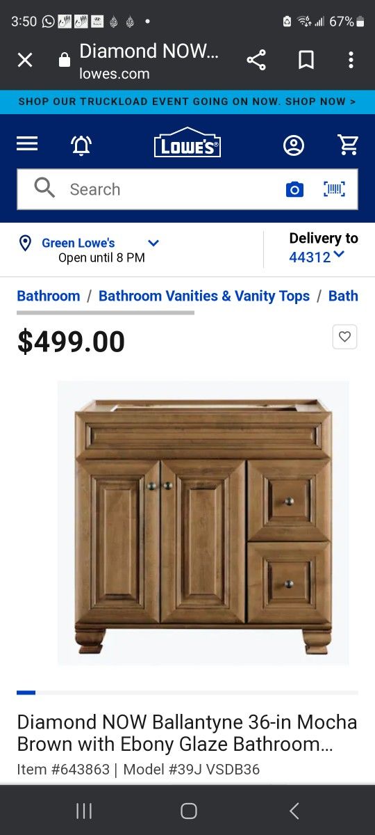 Diamond NOW Ballantyne 36-in Mocha Brown with Ebony Glaze Bathroom Vanity Base Cabinet without Top