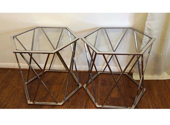 Set of 2 Hexagonal Silver Metal End & Side Tables with Glass Tops