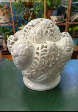 Vintage White Pierced Ceramic Jar w/Lid, Floral Design, Madonnas and Cherubs