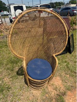 Vintage Mid Century Bohemian Wicker Rattan Emmanuelle Peacock Arm Chair