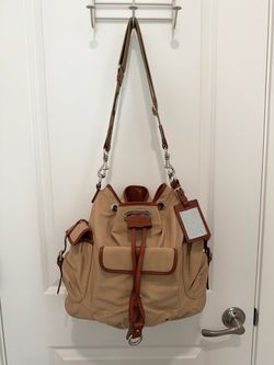 Rare Y2K Ralph Lauren Nylon Leather Drawstring Bucket Bag Beige
