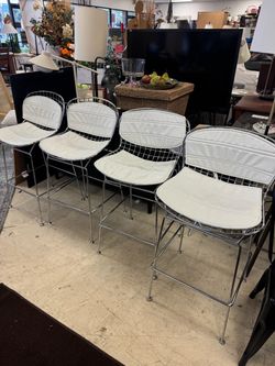 Set of 4 Chrome Wire Bar Stools with White Cushions