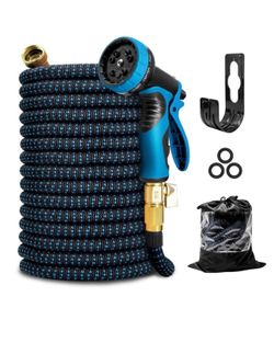 50ft Flexible Garden Hose, Water Hose for Outside with 10 Spray Nozzles, Brass Connector, Leak-Proof, Blue, Father's Day Gifts