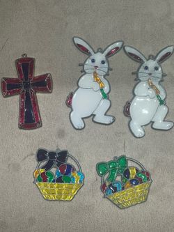 Vintage Hard Plastic Hanging Easter Suncatchers  Easter Bunny Basket Lot of 5