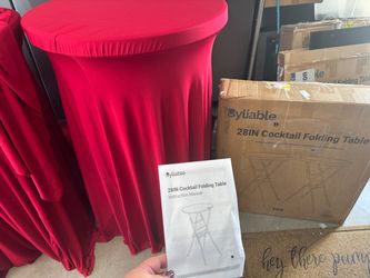 Selling Cocktail Tables,  3 round tall bar height 43”. Plus RED tablecloths- all new!