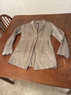 Eileen Fisher Steel Satin Long Blazer/Jacket Small Taupe Crinkle Single Button