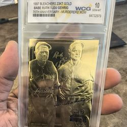 1997 Bleachers 23kt Gold Babe Ruth and Lou Gehrig trading card celebrating the "Murderers' Row" 70th anniversary 