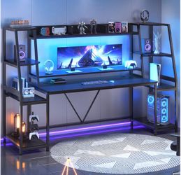 ** Gaming Desk 78.8'' with LED Lights, Hutch and Storage Shelves, Computer Desk with Monitor Stand, Large PC Gamer Desk Workstation, Ergonomic Gaming*