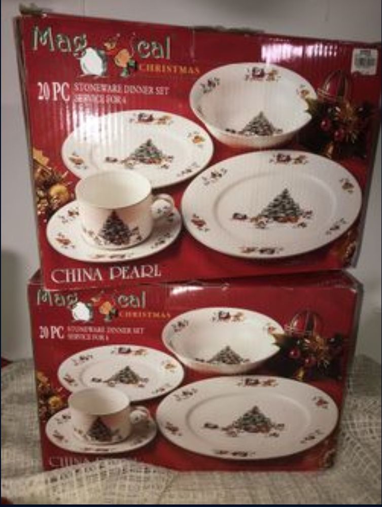 2 BOXES - NEW 20 PC (EACH) MAGICAL CHRISTMAS STONEWARE DINNER SET FOR 4 EA - TOTAL FOR 8