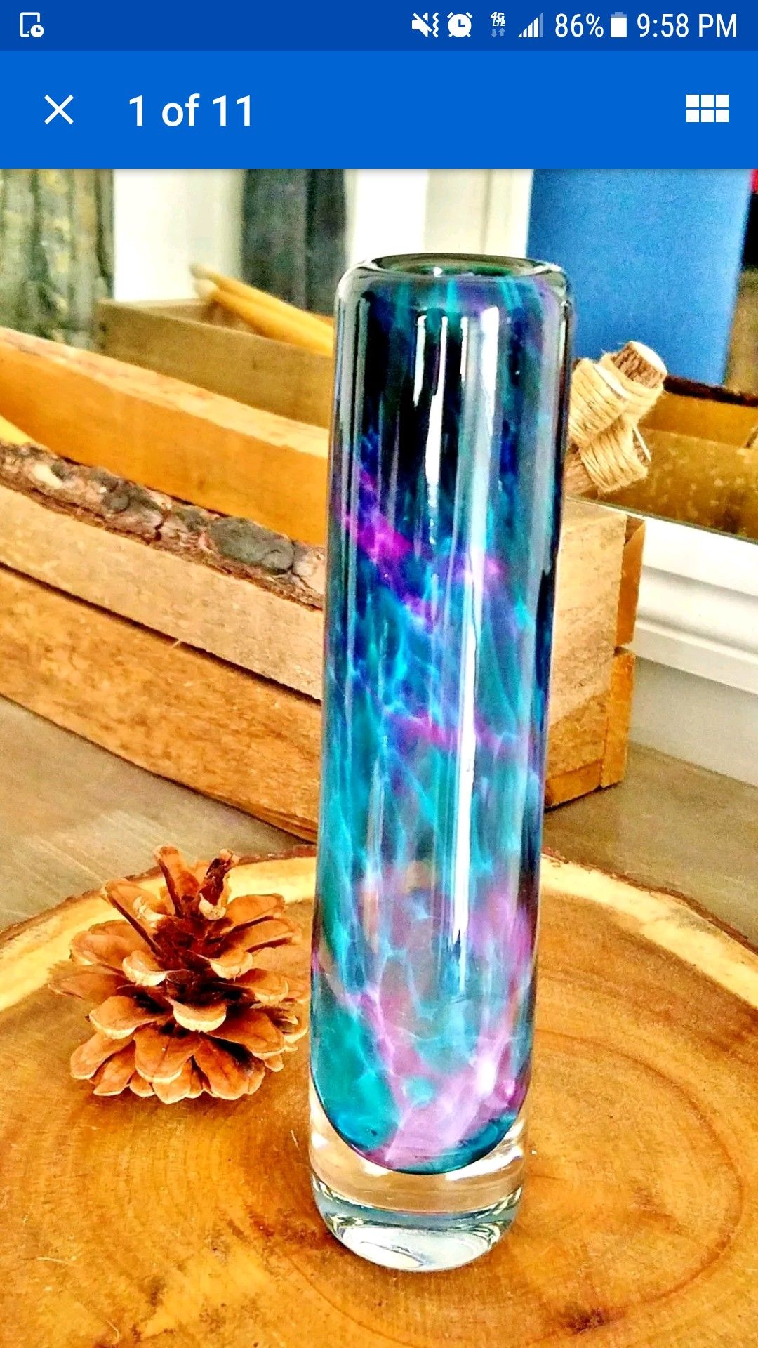 BEAUTIFUL Hand Blown Art Glass Tall Cylinder Bud Flower Vase Ocean Swirls Waves Ripples Blue Green Purple Unique Home Decor Art