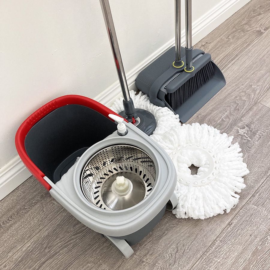 (Brand New) $35 (Combo Set) Broom Dustpan & Spin Mop Wheels Extended Handle with 2pc Microfiber Mop Heads 