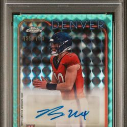 2024 Bo Nix Topps Chrome Rookie Auto Aqua Geometric Refractor /199 PSA 10 Auto 10