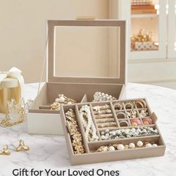 Jewelry Box with Glass Lid, 2-Layer Jewelry Organizer with Removable Tray