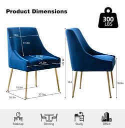 Brand New Set of 2 Blue Velvet Dining Chairs – Upholstered Accent Chairs with Gold Metal Legs