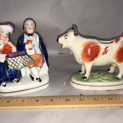 Vintage Porcelain  Cow Creamer & Couple Sitting 