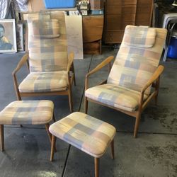 Mid Century Reclining Teak Lounge Chairs With Ottomans 