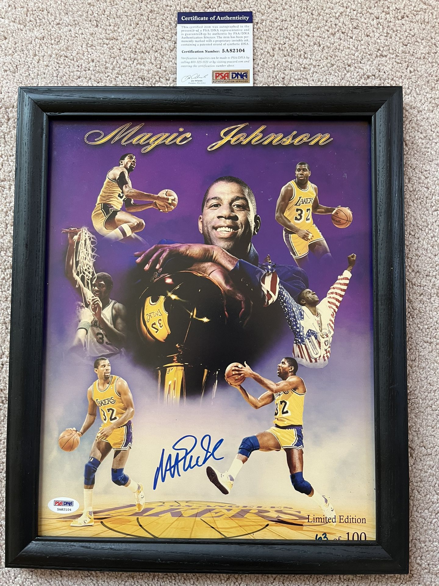 Magic Johnson Framed Autographed Photo Limited Edition 63 of 100 PSA DNA Authentic Signature Signed