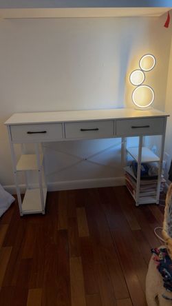 White Desk with Drawers and Side Shelves