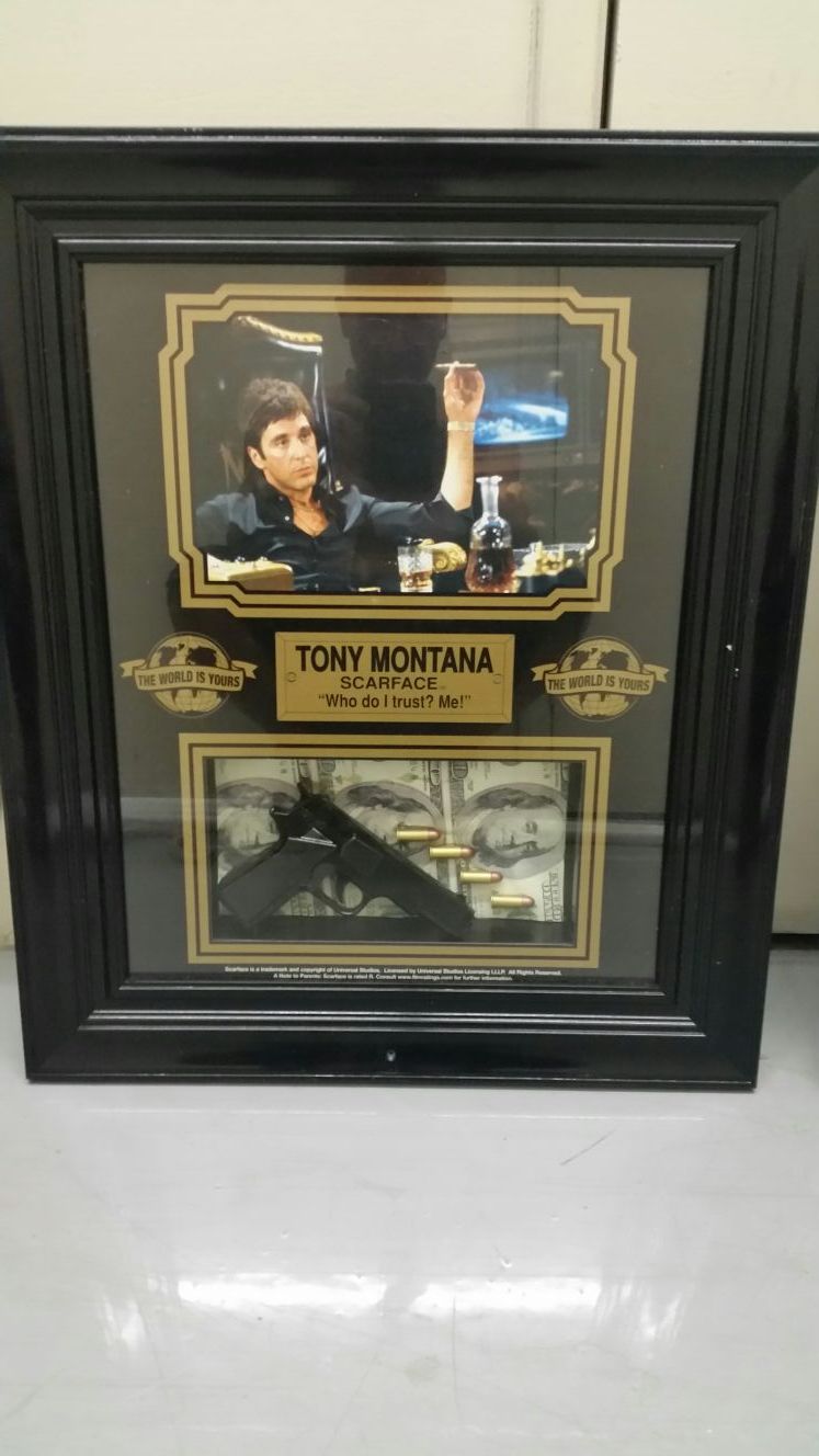 SALIM COLLECTION AL PACINO "SCARFACE" TONY MONTANA FRAMED SHADOW BOX PICTURE w/ GUN & BULLETS