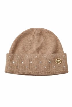 Michael Kors Studded Beanie Hat Camel Gold MK Logo Knit Winter OS