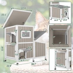 2-Story Weatherproof Wooden Cat House with 3 Escape Doors
