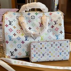 White Bag With Multicolores And Wallet 