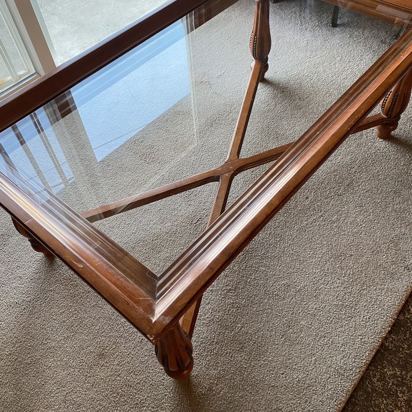 Beveled glass top wood table with brim $140 OBO