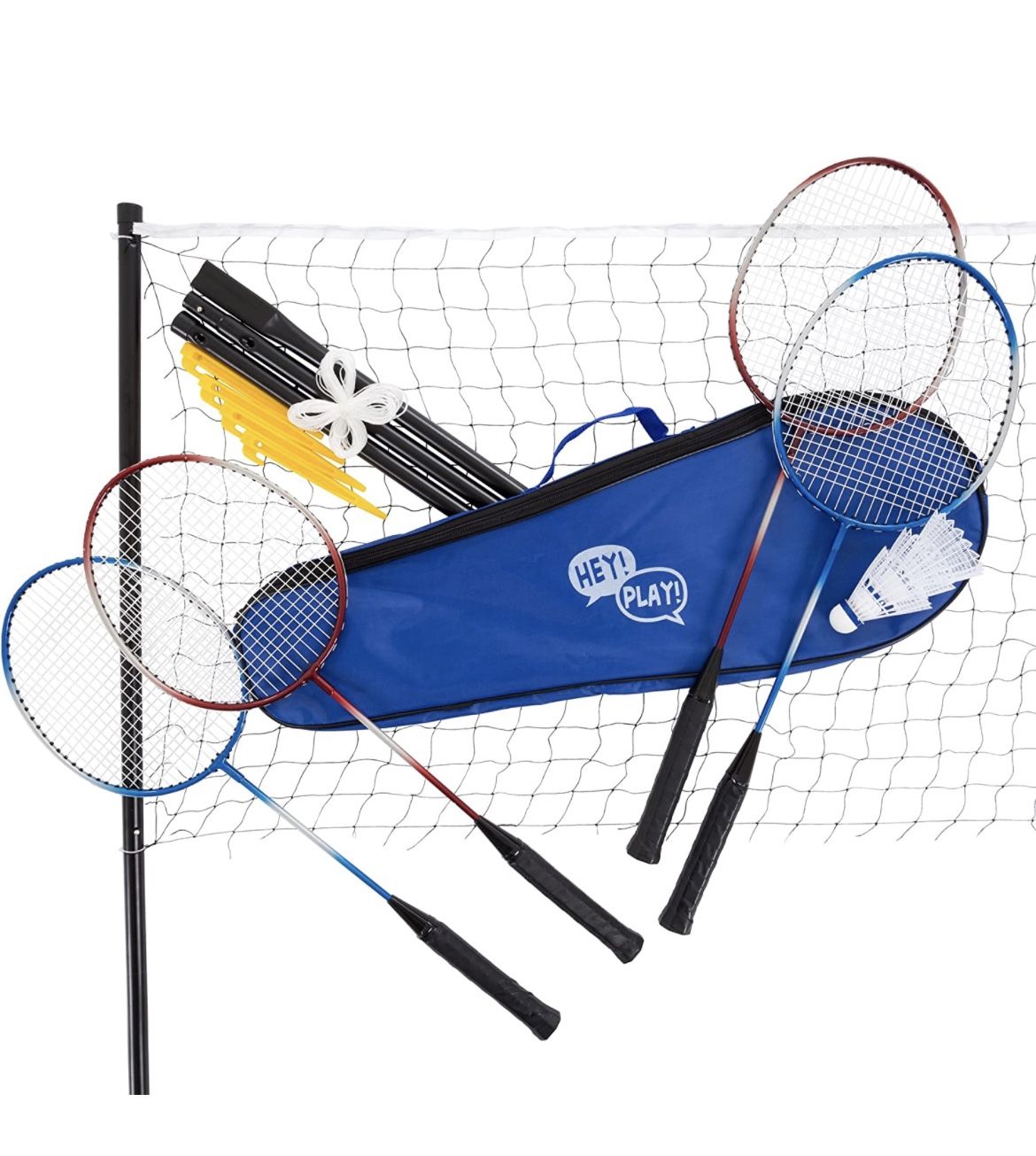 Brand New-In Original Sealed Box. Hey! Play! All-in-One Badminton Set - Backyard Game Including 4 Rackets, 3 Birdies, and Net with Poles