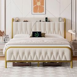 Full Bed Frame with Charging Station, Heavy Duty Platform with Velvet Upholstered & Footboard, 12" Underbed Space, No Box Spring Needed