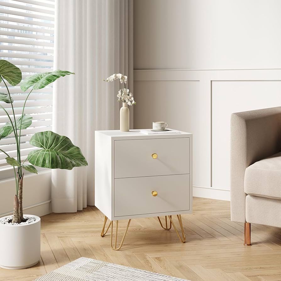 White Nightstand Set of 2, White and Gold Night Stand with 2 Drawers, Modern End Table with Metal Legs and Gold Handles, Bedside Table for Bedroom, Ha