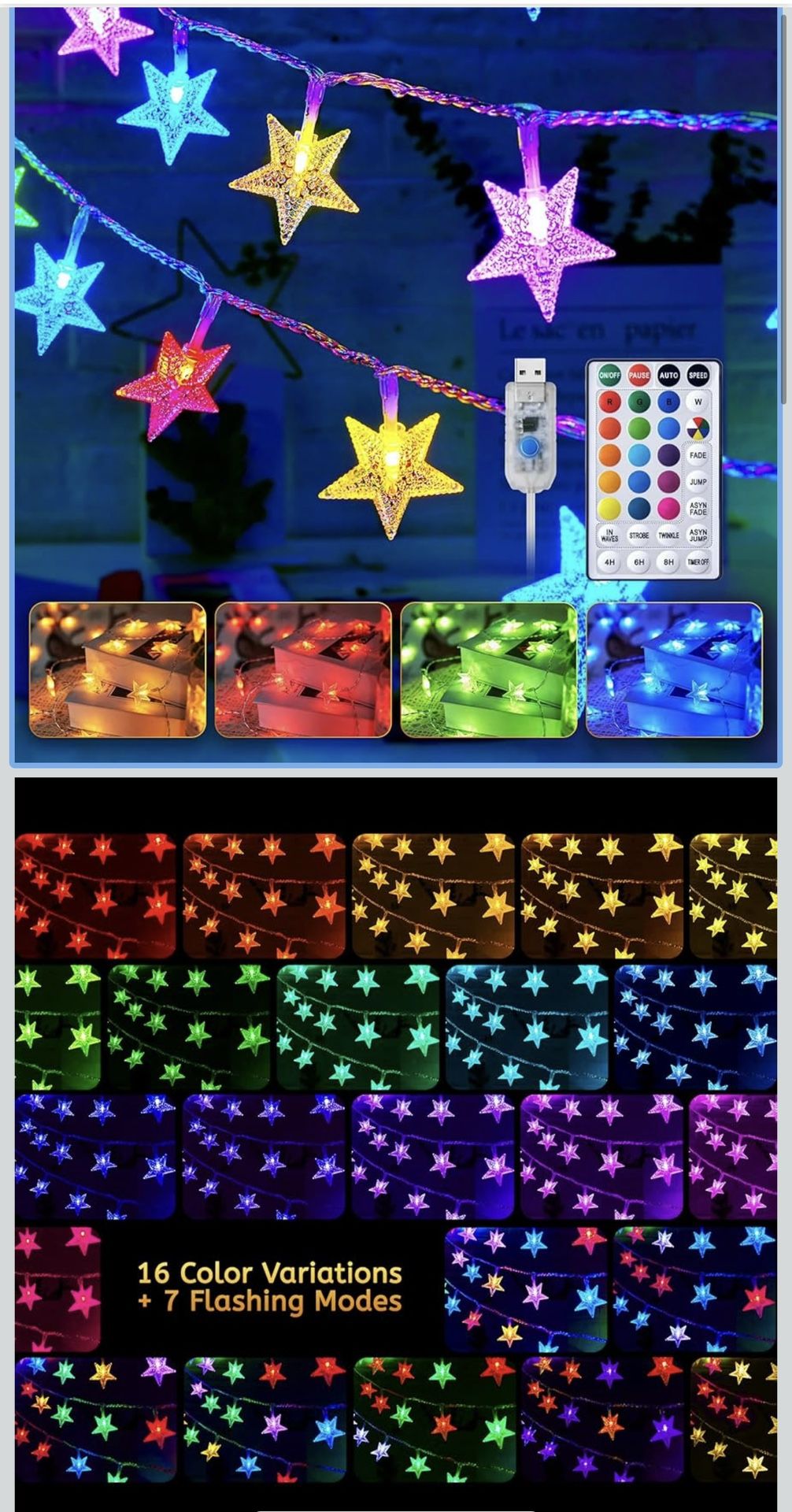 Minetom USB Star String Lights - 33 ft 100 LED Color Changing Star Fairy Lights with Remote and Timer, 16 Single Colors and 7 Modes Starry Lights for