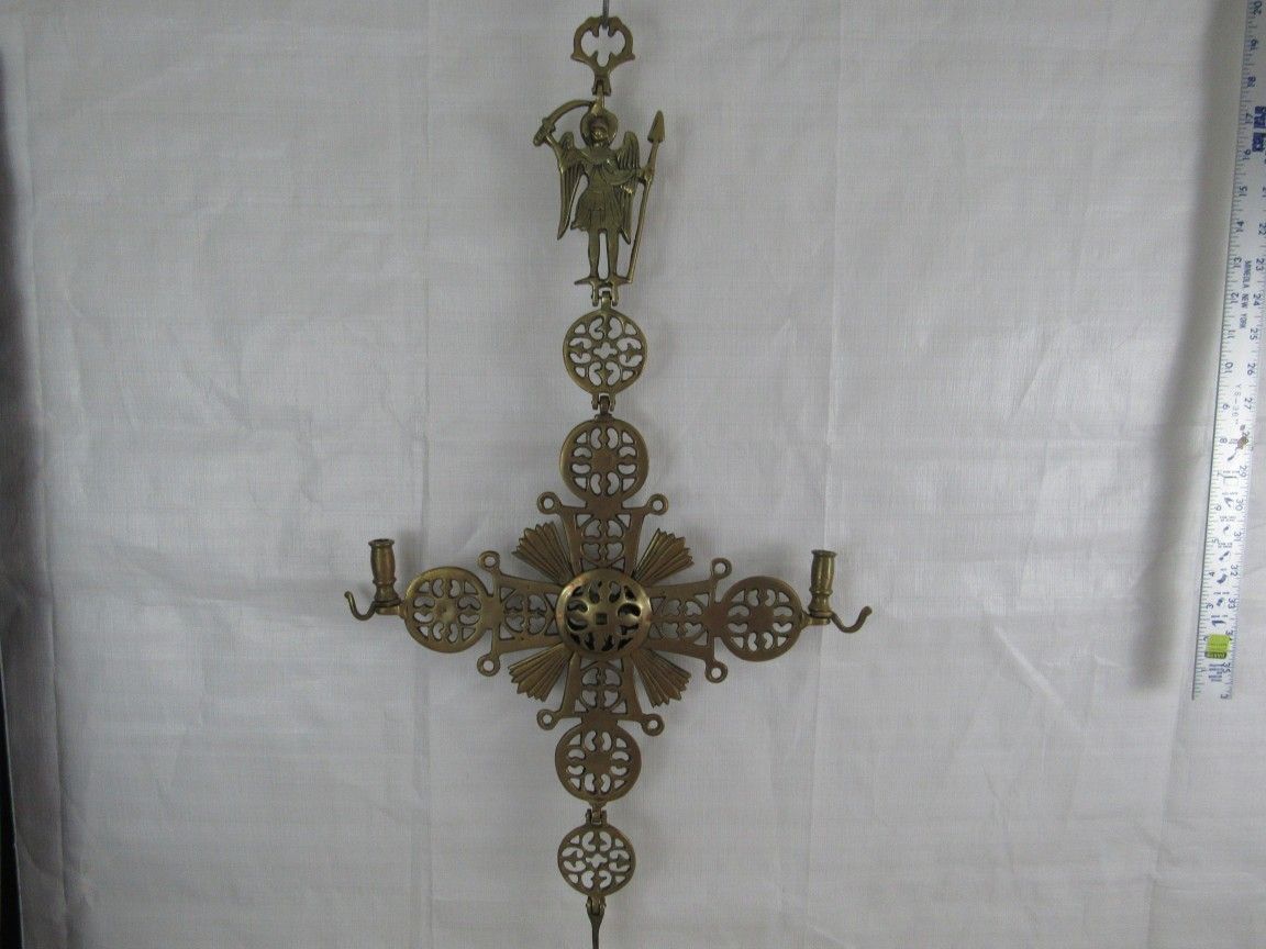 Byzantine Orthodox Vintage Solid Brass Wall Hanging Cross 28" Tall


