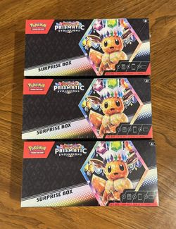 3 Prismatic Evolutions Surprise Box Pokemon Cards ($50 each or $140 for all 3)