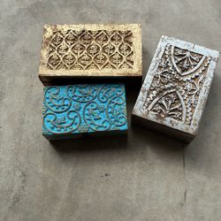 3 Hand carved Decorative Wood Boxes