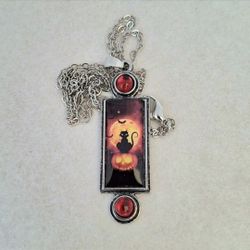 Black cat & pumpkin cabochon oblong silver necklace, red crystal accents w/BONUS