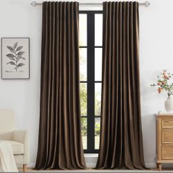 PRIMROSE Brown Velvet Curtains 96 Inch Long For Living Room,Set Of 2 Panels Blackout Rod Pocket Back Tab Window Treatment Room Darkening Heavy Decorat