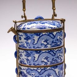 Chinese 3-Tiered Blue/White. Brass&Porcelain Tiffin Box (Depicting Dragons)