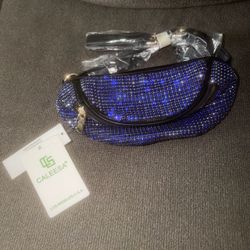CALEESA Blue Rhinestone Faux Leather Crescent Crossbody Zip Adjustable Strap