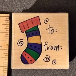 Christmas Stocking Sock Gift Tag Greeting Wood Mounted Rubber Stamp Art Vintage Collectible A-1