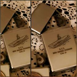 vintage military collectable metal featuring an engraved drawing of the USS Bon Homme Richard CVA-31 aircraft carrier