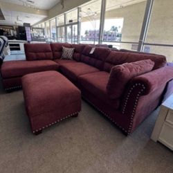 Brand New Red Velvet Sectional Sofa Couch With Ottoman 