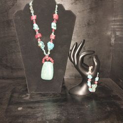 Handmade Turquoise And Red Stoned Necklace/bracelet 