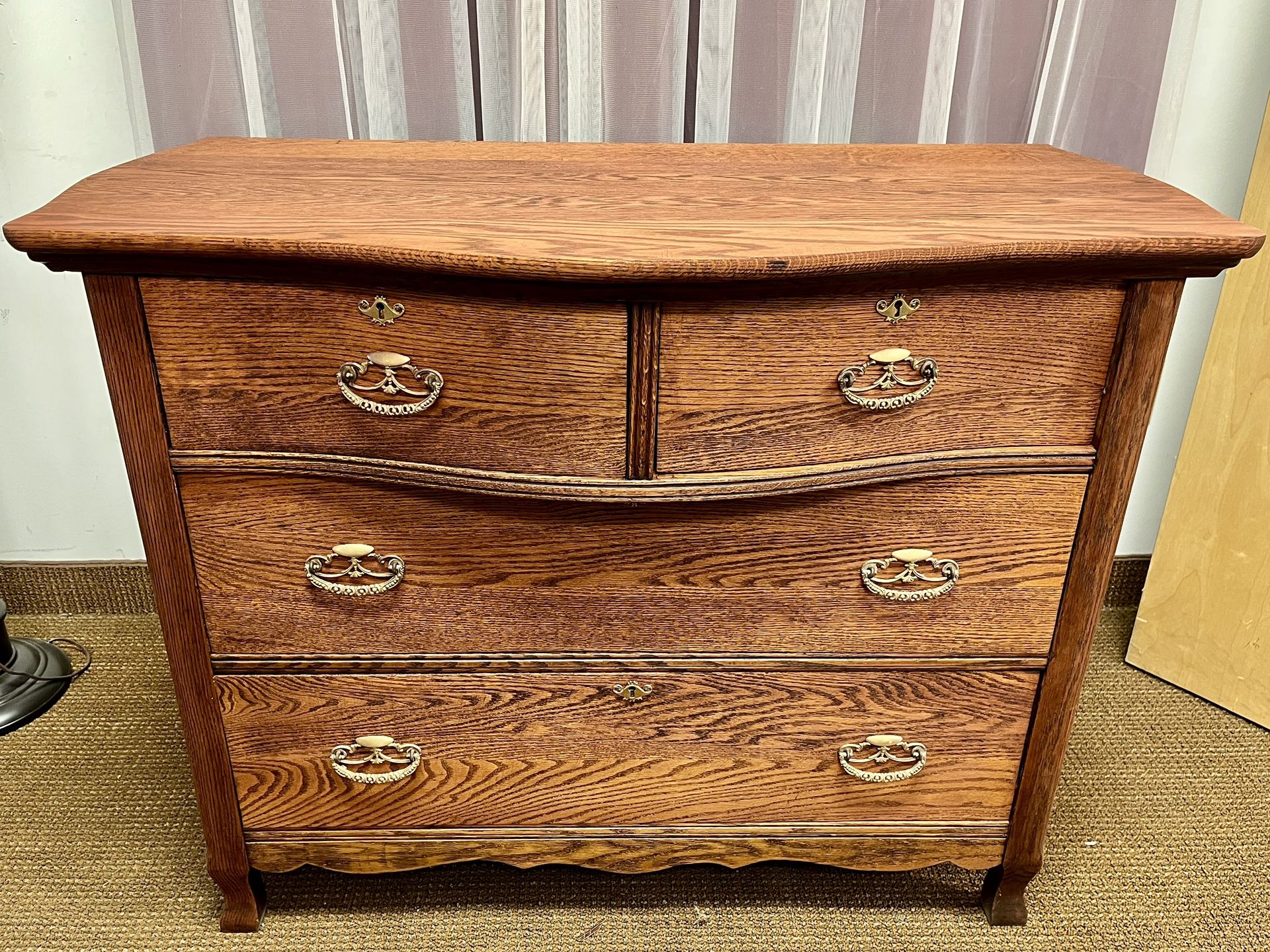 Antique Serpentine Front Dresser. Vintage Tiger Wood Washstand. Refinished to list, Original Hardware. Free to ask, I reply.