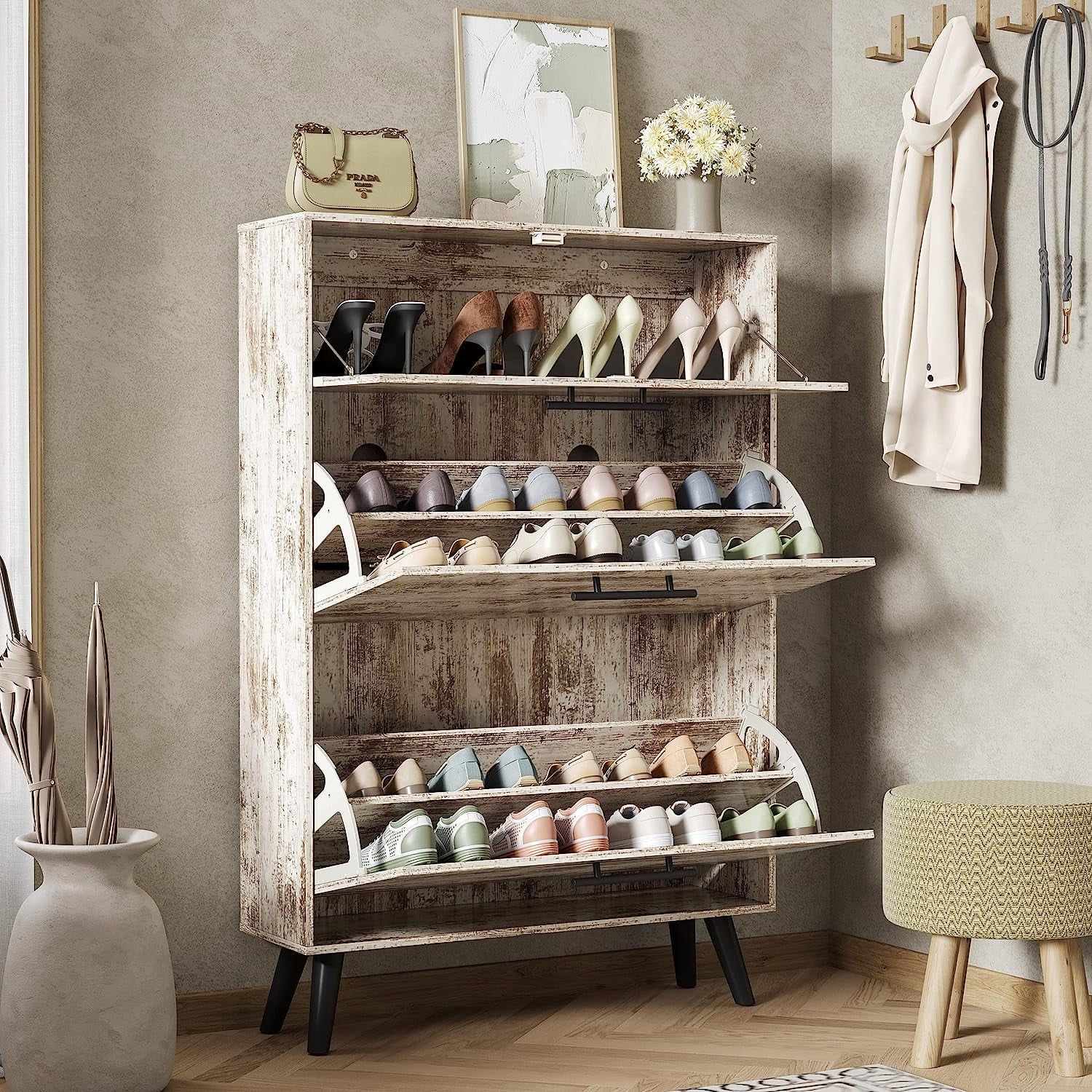 Shoe Cabinet, Freestanding Shoe Rack Storage Cabinet with 2 Flip Drawers & Wood Legs, Shoe Organizer Cabinet for Entryway, Oak White