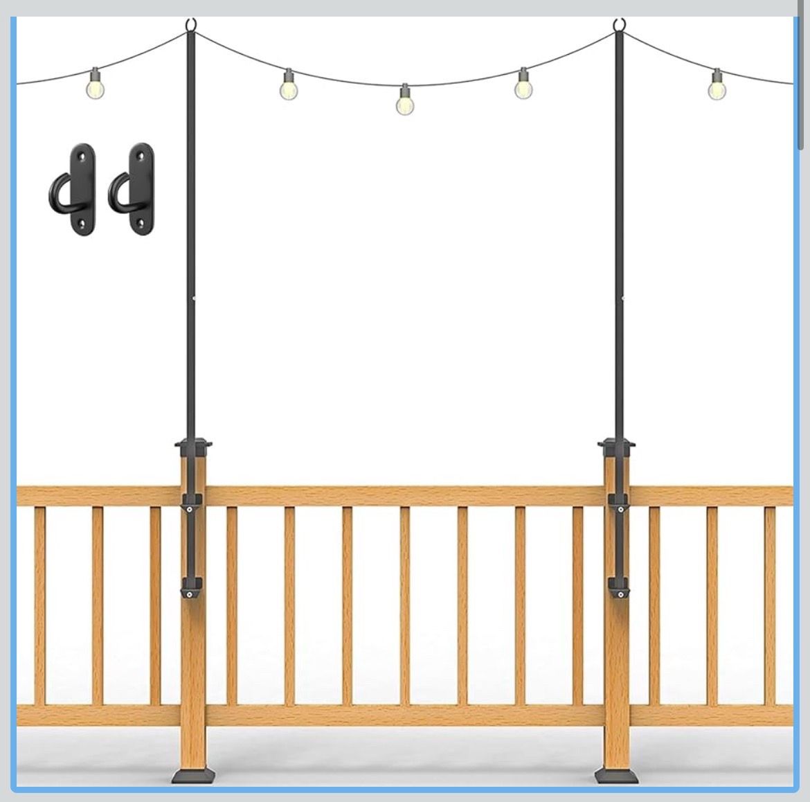 2 Pack String Light Poles - Stainless Steel 6.5FT Deck Lights Poles with 2 Wall Hooks for Outdoor Light, String Lights, with SS Screws for Wood Posts