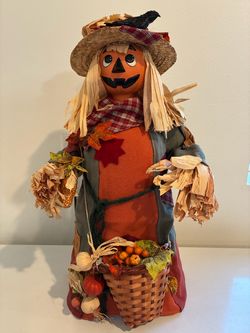 Halloween Scarecrow With Porcelain Pumpkin Face Fall Decoration