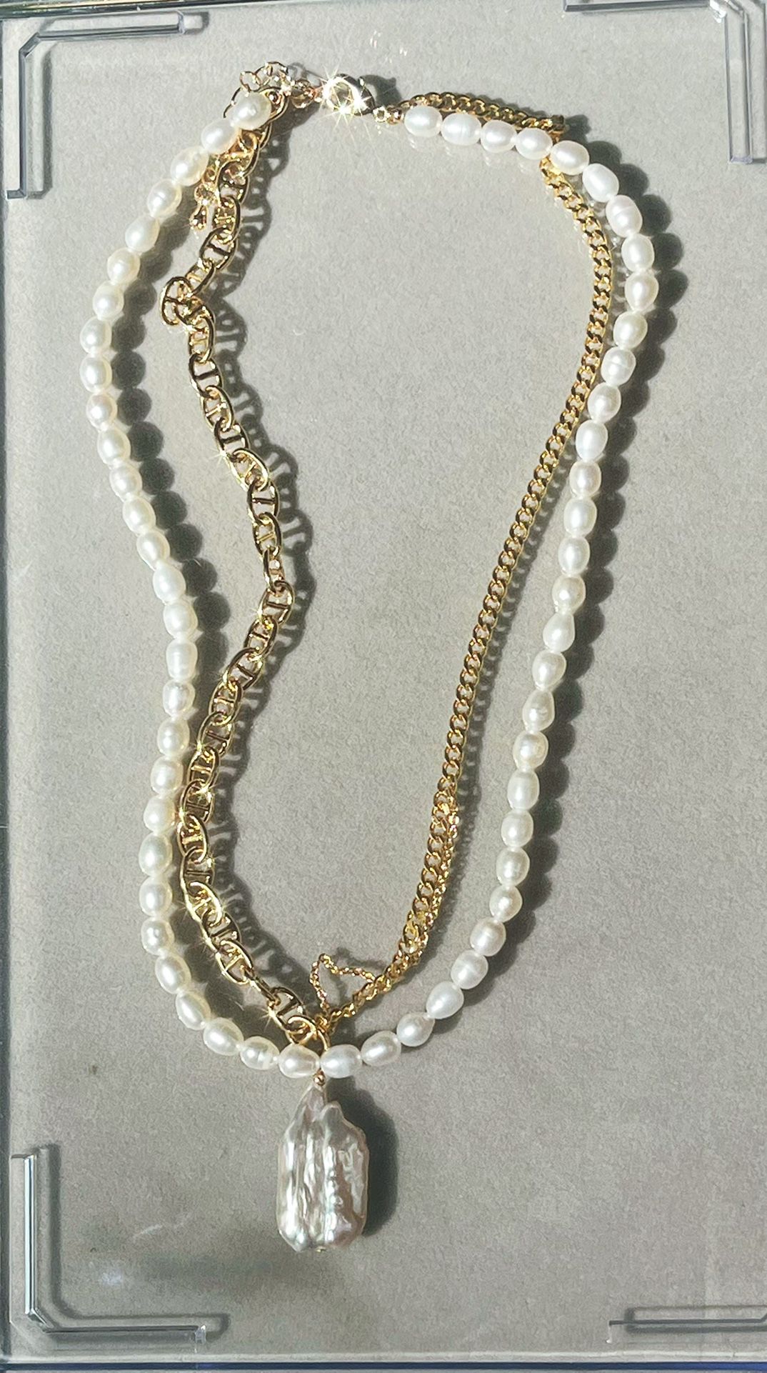 18k Gold FN Double Chain Stacked all nature Baroque Pearl Necklace,25mm Baroque