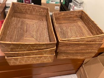Set of 6 Rectangular Wicker Storage Baskets - Stackable Rattan Organizers